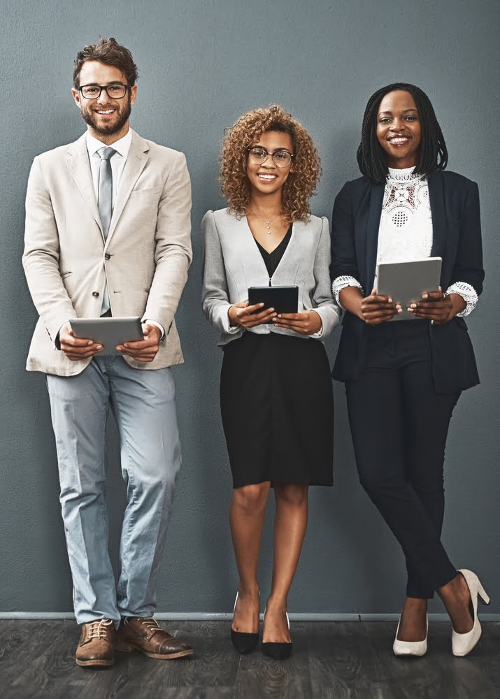 Tablet,,portrait,and,business,people,smile,by,wall,with,line,